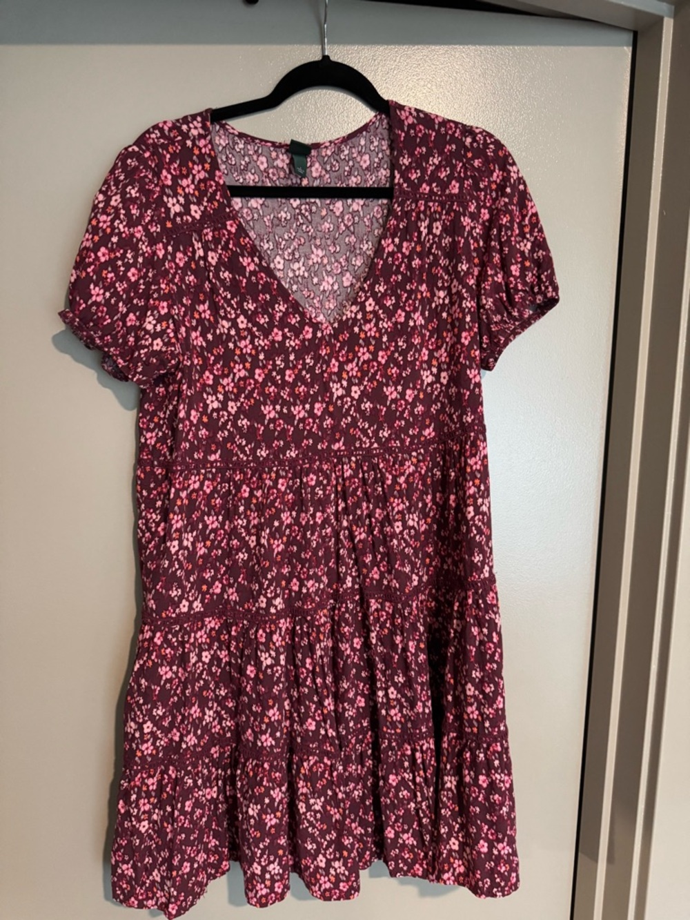 wild fable Burgundy Floral Mini Dress with Pink Accents